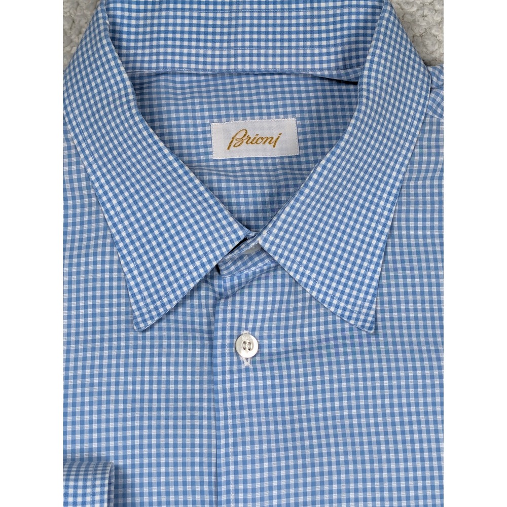 Brioni Mens Button Down Shirt Gingham Check 100% Cotton Blue White XXL Italy